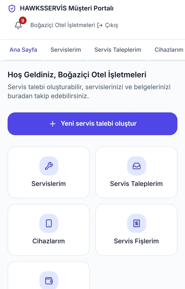 Müşteri portalı ana sayfası: yeni servis talebi oluştur düğmesi, servislerim, cihazlarım, servis fişlerim ve ödemelerim