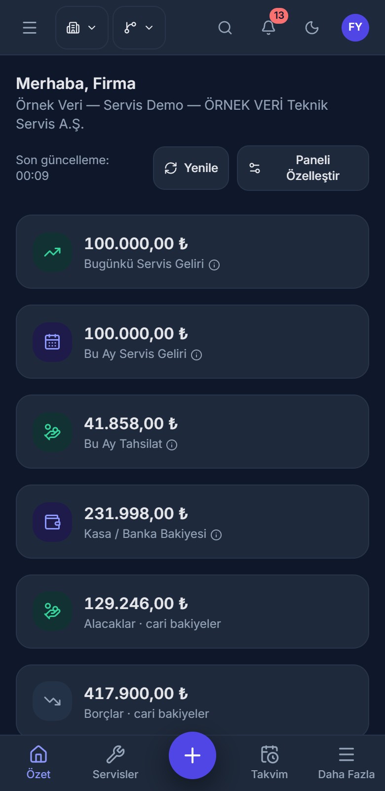 HAWKSSERVÄ°S telefon gÃ¶rÃ¼nÃ¼mÃ¼: Ã¶zet panosu ve alt menÃ¼